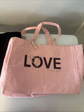 Set of 2 Victoria's Secret Pink LOVE Canvas Tote with Heart Accent